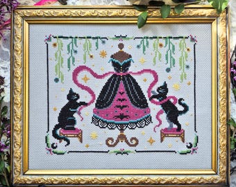 Padrão de Ponto Cruz para Vestido de Bruxa, Gatos Pretos, Familiar, Fita Rosa, Assustador, Fofo, Princesscore, Padrão em PDF