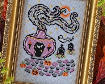 Halloween Potion House Cross Stitch Pattern, Ghost, Tombstones, Pumpkins, Spoopy, Spooky, Gothic, Bat, Xstitch PDF Pattern, Pattern Keeper