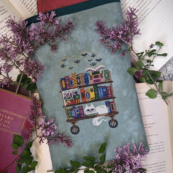 Midnight Book Cart Cross Stitch Pattern, Halloween, Spooky, Ghost Cat, Bats, Books Xstitch, Haunted Library, Pattern Keeper, Bookish, Goth