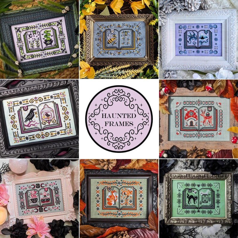 May include: Nine framed cross-stitch patterns featuring spooky and whimsical scenes. Each frame has a different color and design, with a book as the central element. The title "HAUNTED FRAMES" is displayed in a circle.