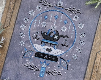 Keeper of Snowflakes Cross Stitch Pattern, Snow Globe, Black Cat xstitch, Fantasy, Winter, Mouse, Crown, Ice Bow and Arrows, Pattern Keeper