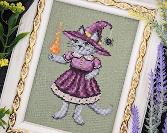 Witch Cat Apprentice Cross Stitch Pattern, Witchy , Spider, Halloween, witch hat, mage, Xstitch PDF