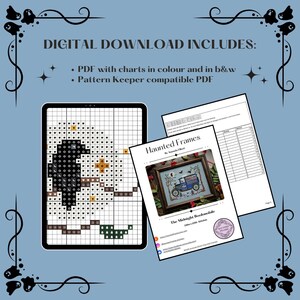 May include: A digital cross-stitch pattern titled Haunted Frames by Amanda Elliott, featuring a tablet displaying a black bird chart and a printed document showing a finished bookmobile design with a thread list and project details.