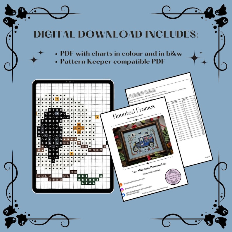 May include: A digital cross-stitch pattern titled Haunted Frames by Amanda Elliott, featuring a tablet displaying a black bird chart and a printed document showing a finished bookmobile design with a thread list and project details.