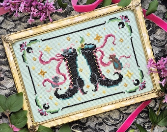 Witch boots Cross Stitch Pattern, Rats, Familiar, Pink Ribbon, Spooky Princesscore, PDF, Pattern Keeper