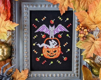 Halloween Candy Heist Cross Stitch Pattern - Ghost Cat, Skeleton Bat, Candy, Pumpkin, Fall Stitch, Xstitch, Spooky, Goth, PDF Pattern Keeper