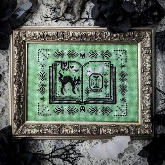 Book of Scaredy Cats Cross Stitch Pattern, Books Xstitch, Ghost, Halloween Sampler, Spooky, black cat, Spider Webs, Goth, Bats, Mushroom PDF