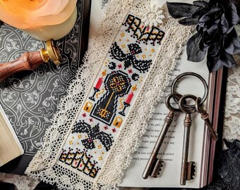 Bookmark Cross Stitch Pattern, Mystery Book, Secrets Beyond the Gate, Lock and key, Raven, Iron Gates, Crows, Candles, Pattern Keeper, PDF