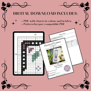 Puede incluir: Un patr&oacute;n de punto de cruz digital titulado Antlers in Bloom de Haunted Frames. La descarga incluye un PDF con gr&aacute;ficos en color y en blanco y negro, y un archivo compatible con Pattern Keeper. La imagen muestra una tableta con un patr&oacute;n de cuadr&iacute;cula y una p&aacute;gina de documento impresa con una foto del proyecto terminado.