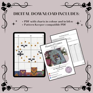 May include: A digital cross-stitch pattern titled Haunted Frames by Amanda Elliott, featuring The Midnight Book Cart. The download includes a PDF with color and black-and-white charts, a Pattern Keeper compatible file, and a page showing stitch counts.
