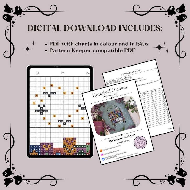 May include: A digital cross-stitch pattern titled Haunted Frames by Amanda Elliott, featuring The Midnight Book Cart. The download includes a PDF with color and black-and-white charts, a Pattern Keeper compatible file, and a page showing stitch counts.