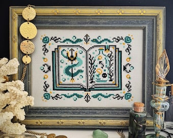 May include: Cross-stitch art of an open book with teal and black designs, framed in a gray and gold frame. The book features a trident and botanical elements. Decorative gold jewelry and glass bottles are in the foreground.