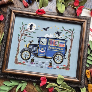 Midnight Bookmobile Cross Stitch Pattern, Vintage car, Spooky, Ghost Cat, Books, Gothic, Crows, Haunted Library, Pattern Keeper, image 6