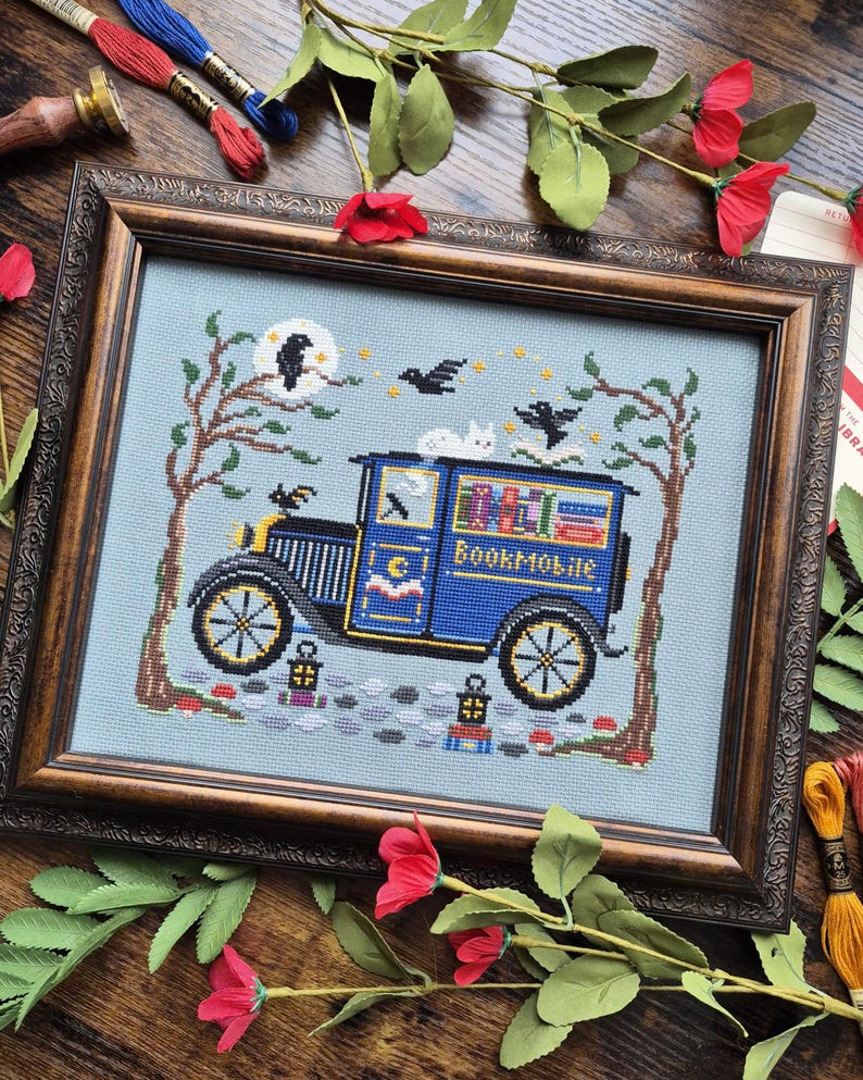 Midnight Bookmobile Cross Stitch Pattern, Vintage car, Spooky, Ghost Cat, Books, Gothic, Crows, Haunted Library, Pattern Keeper, image 6