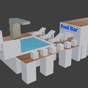 Peut inclure: Une modélisation 3D d'un bar de piscine avec une petite piscine, un plongeoir et des chaises longues. Les mots "Pool Bar" sont en bleu sur le côté du bâtiment. La piscine a de l'eau bleue et le pont a un motif de grain de bois.