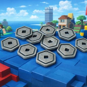 May include: A collection of silver-colored, hexagonal coins with a square center, arranged on a blue, block-like surface. The background features a pixelated landscape with buildings, trees, and a Roblox logo.