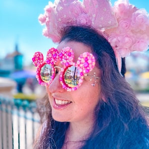 Hot Pink Pearl and Rhinestone Mouse Shaped Sunglasses, Polarized, Mouse Ears, Crystal Sunglasses, Dapper Day