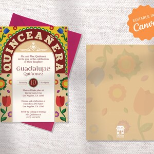 May include: A Quinceañera invitation with a yellow, red, and green floral design. The invitation features the text "Quinceañera" in a decorative arch, along with the name "Guadalupe Quiñonez" and the date "January 10".