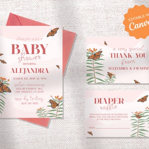 May include: A printable baby shower invitation featuring a butterfly theme. The invitation is pink and white with a floral design and butterflies. The text on the invitation reads "Please join us for a Baby Shower honouring Alejandra" and includes the date, time, location, and RSVP information.