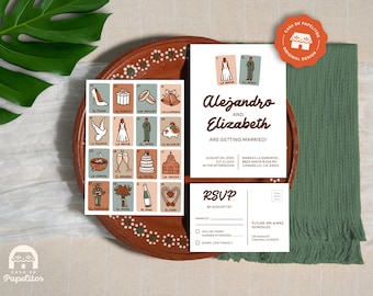 May include: Wedding invitation suite featuring a brown and white design. The suite includes an invitation, RSVP card, and a set of cards with illustrations. The invitation reads "Alejandro and Elizabeth are getting married!"