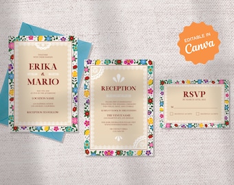 May include: A set of three wedding invitation cards with a floral border. The main card features the text "Together with their families Erika & Mario" and the date "May 21st, 2019". The second card says "Reception" and the third card says "RSVP by March 18th, 2019".
