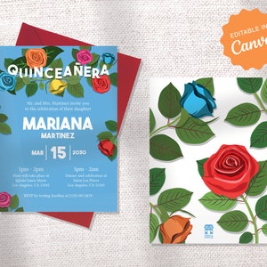 May include: A blue and white Quinceañera invitation featuring a floral design. The invitation includes the name Mariana Martinez, the date 15th March 2030, and details for the Mass and dinner celebration.