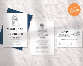 May include: A wedding invitation suite with a black and white illustration of a couple in traditional Mexican attire. The invitation includes the names Magdalena and Rigoberto, the date 04.28.2030, and the location Kresan Sangabriel. The details card includes information about the reception and accommodations. The RSVP card includes the date 01.05.2030 and a space for guests to provide their names and RSVP.