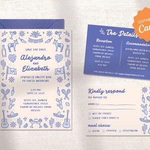 WEDDING INVITATION SET | Blue Mexico Hand Drawn Wedding Invitation | save the date | editable template | invitations de boda
