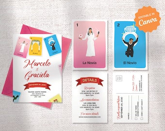 Peut inclure: Une invitation de mariage sur le thème de la Loteria. L'invitation est dans les tons rouge, blanc et bleu et comprend les noms Marcelo et Graciela, la date du 26 septembre 2020 et le lieu Iglesia Santa Maria. L'invitation comprend également des détails sur la réception et l'hébergement.