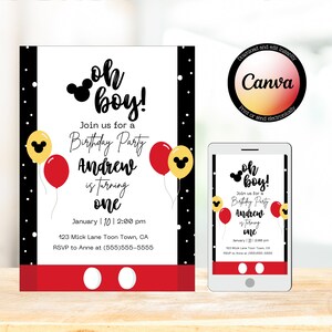 Cartoon Mouse Birthday Party Invite, Oh Boy Birthday Party, Electronic Invitation, Steamboat Willie Invitation