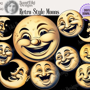 Retro Style Moons, Moon Clipart, Full Moon, Moons with Faces, Retro Moon Man, Full Moon PNG, JPG Clip Art, Vintage Moon