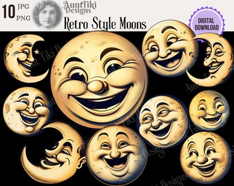 Lunes de style rétro, Moon Clipart, Pleine Lune, Lunes avec visages, Retro Moon Man, Full Moon PNG, JPG Clip Art, vintage Moon