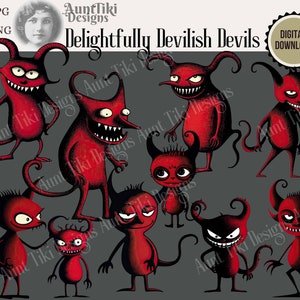 Tiny Devils, Delightfully Devilish Devils Clipart, PNG, JPG Devil Clip Art, Cute Villians Graphics, Clipart Bundle