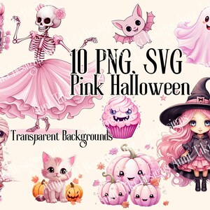 Rose Halloween Clip Art, chauves-souris, citrouilles, sorcière, bonbons, petit gâteau maléfique, fantôme, chat, momie, hibou, Halloween imprimable, rose Halloween SVG