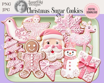 Pink Christmas Sugar Cookies PNG, JPG, Christmas Clipart, Sugar Cookie Clipart, Cookie Clip Art, Pink Santa, Snowflake, Angel, Deer, Snowman