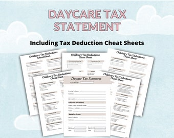 May include: A collection of white paper documents with the text "Daycare Tax Statement" and "Childcare Tax Deductions Cheat Sheet" in a light blue and pink design. The documents are arranged on a light blue background with a green border at the bottom. The text "Start Maximizing Your Deductions Today" is also visible.