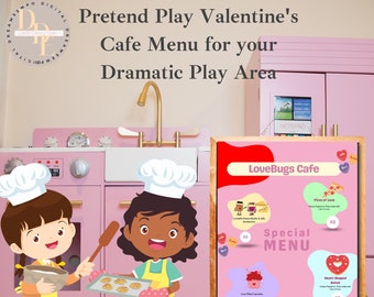 Modello in tela per menu del ristorante finto di San Valentino/Gioco drammatico per bambini/Include soldi finti stampabili e sondaggio per i clienti