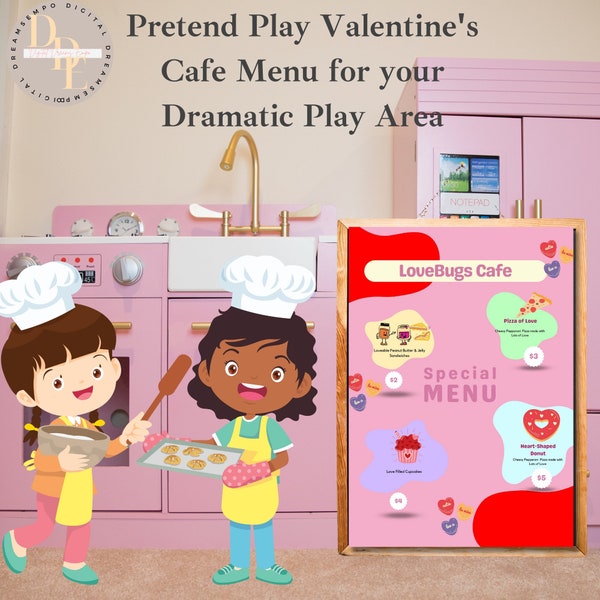 Modello in tela per menu del ristorante finto di San Valentino/Gioco drammatico per bambini/Include soldi finti stampabili e sondaggio per i clienti