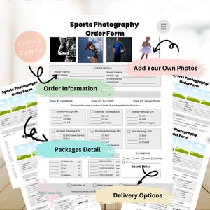 Formularz zamówienia fotografii sportowej z formularzem wydania zdjęć bonusowych | Dostosowywalny szablon Canva|Formularz biznesowy|Fotografia szkolna, formularz zamówienia sportowego