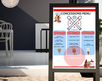 Editable Concession Stand Menu | Canva Menu Template | Vintage Baseball Snack Menu | Summer Sports Menu Template| Easy-to-Customize Template