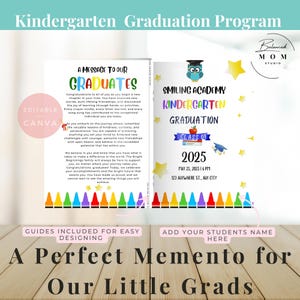 Op de afbeelding: Een afdrukbare sjabloon voor een kleuterdiploma-uitreiking met een blauwe uil en sterren. De tekst luidt "Smiling Academy Kindergarten Graduation Class of 2025" en bevat de datum en locatie van de gebeurtenis. De sjabloon is ontworpen voor eenvoudige aanpassing met een boodschap aan de afgestudeerden en een sectie om namen van leerlingen toe te voegen.