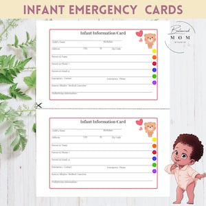 Cartes d'urgence pour nourrissons | 6 cartes d'une demi-page pour la garderie et les parents | Modèle de toile modifiable | PDF imprimable| Informations sur la baby-sitter| Draps pour nounou