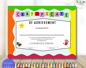 Editable Kindergarten Graduation Certificate: Canva Template (Printable PDF)