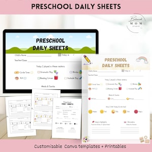 Puede incluir: Hojas diarias preescolares con un diseño colorido. Las hojas incluyen secciones para el nombre del niño, actividades y sentimientos. La imagen también muestra una pantalla de computadora y varias hojas impresas. El texto en la imagen dice "Plantillas Canva personalizables + Imprimibles."