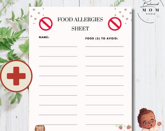 May include: Printable infant allergy sheet with a red no symbol, the words "Food Allergies Sheet", and the text "Name:" and "Food (s) to Avoid:" on a white background with a brown and white polka dot pattern.