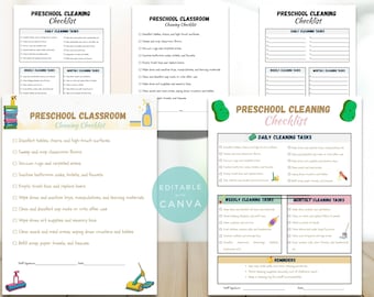 May include: Preschool cleaning checklists with daily, weekly, and monthly tasks. The checklists include sections for classroom and general cleaning duties. The design is customizable with Canva templates and printables.