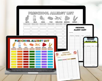 May include: A collection of preschool allergy list templates displayed on a laptop, tablet, and smartphone. The templates include sections for common allergens like nuts, milk, and wheat. The text "PRESCHOOL ALLERGY LIST" is visible.