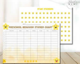 May include: A preschool behavior sticker chart and star stickers. The chart has spaces for student names and daily behavior tracking. The stickers are yellow stars with smiling faces. The text reads "Preschool Behavior Sticker Chart".