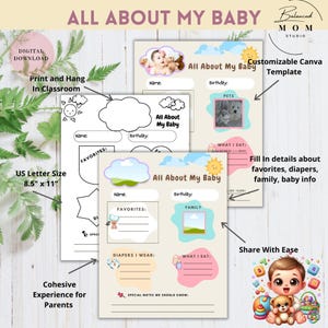 Canva-sjabloon All About My Baby: het ultieme communicatiemiddel voor kinderdagverblijven| Baby's Fun Facts| Belangrijke informatie voor verzorgers