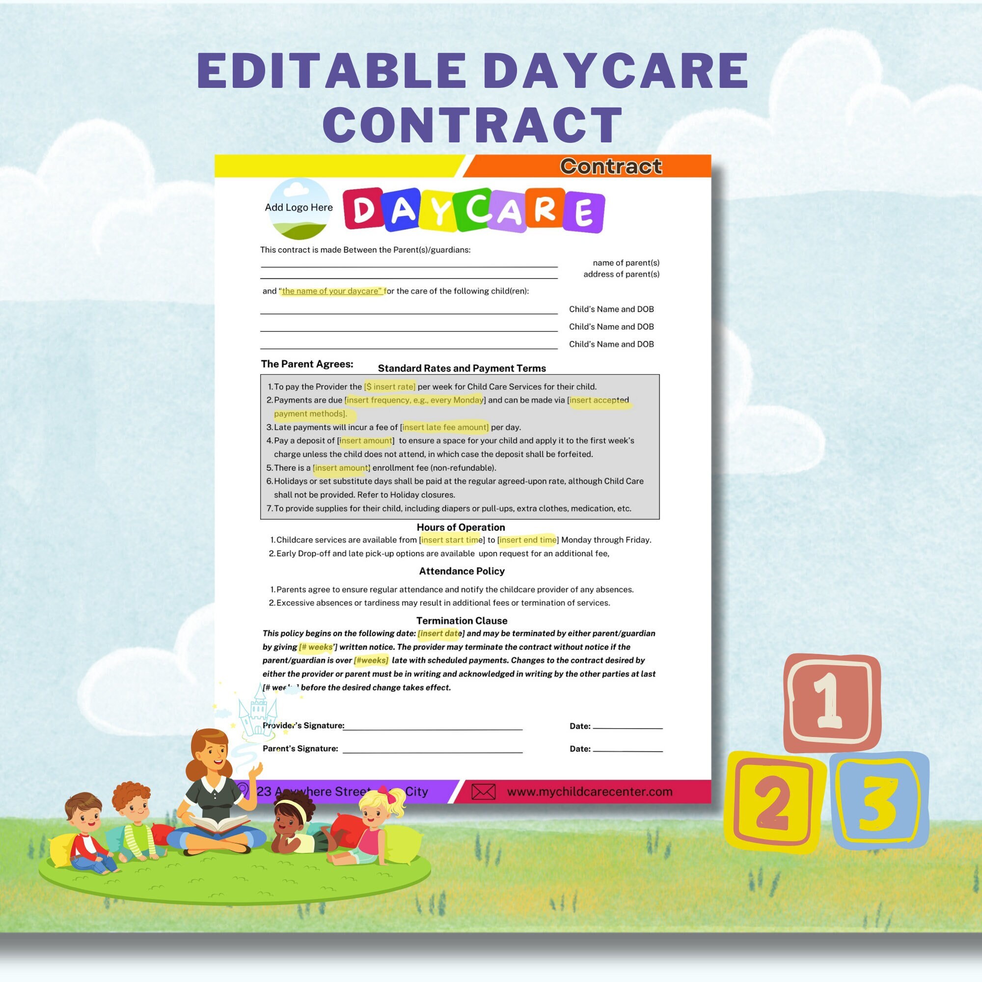Daycare Contract Home Daycare Forms Parent Contact Information Instant ...